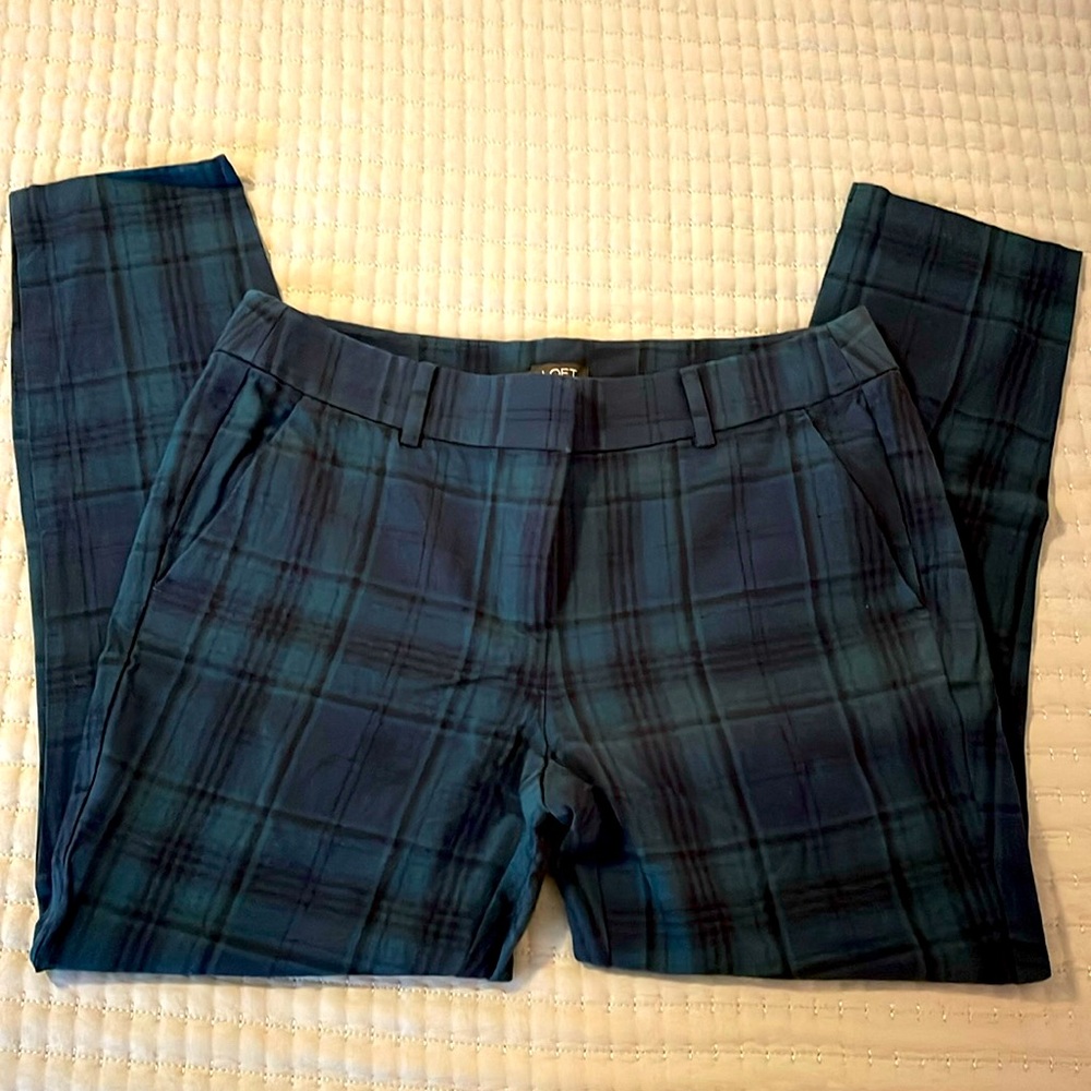 Loft Marisa women’s cropped dress pant size 10 green and blue plaid pattern